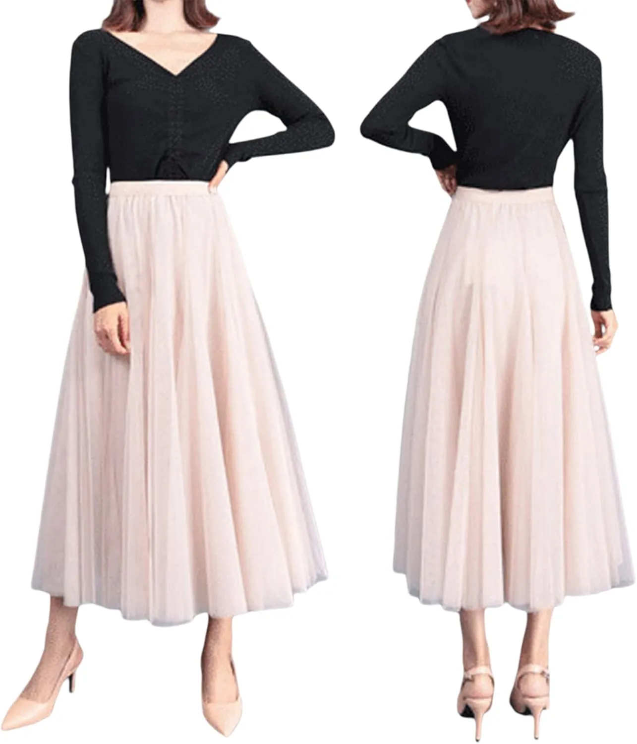 Women Mesh Skirt Solid Multilayer Pleated High Waist Lace Long Tulle Skirts for Wedding Party