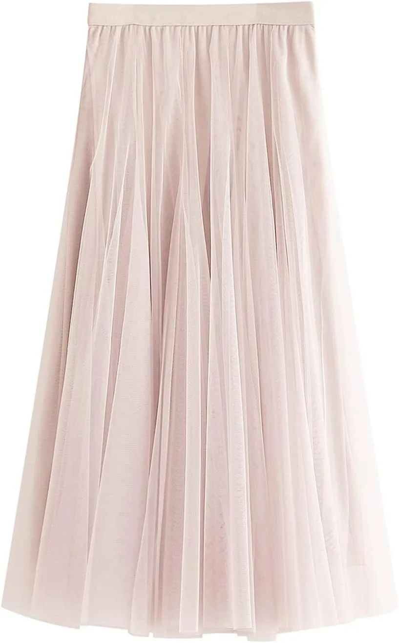 Women Mesh Skirt Solid Multilayer Pleated High Waist Lace Long Tulle Skirts for Wedding Party