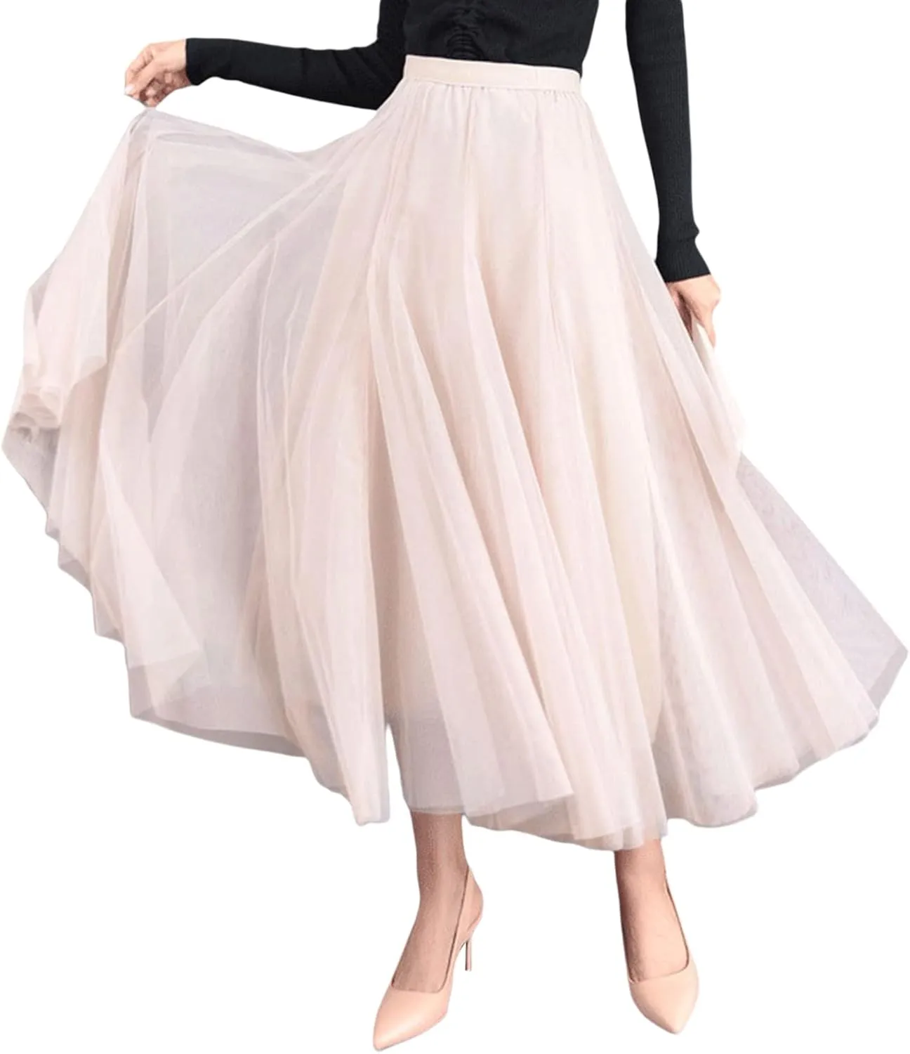 Women Mesh Skirt Solid Multilayer Pleated High Waist Lace Long Tulle Skirts for Wedding Party