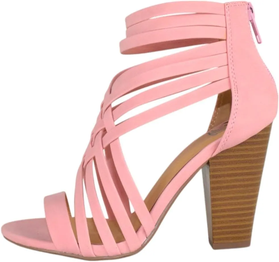 Women Shoes Block High Heel Cutout Sandals Open Peep Toe Back Zipper Braided Crisscross Aviva-S Pink