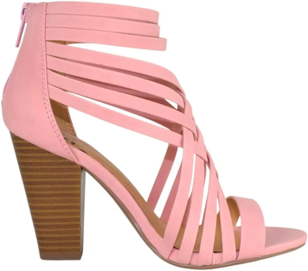 Women Shoes Block High Heel Cutout Sandals Open Peep Toe Back Zipper Braided Crisscross Aviva-S Pink
