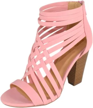 Women Shoes Block High Heel Cutout Sandals Open Peep Toe Back Zipper Braided Crisscross Aviva-S Pink