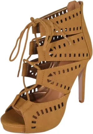 Women Shoes Stiletto High Heel Cutout Sandals Open Peep Toe Back Zipper Lace Up Capital-S Tan Brown