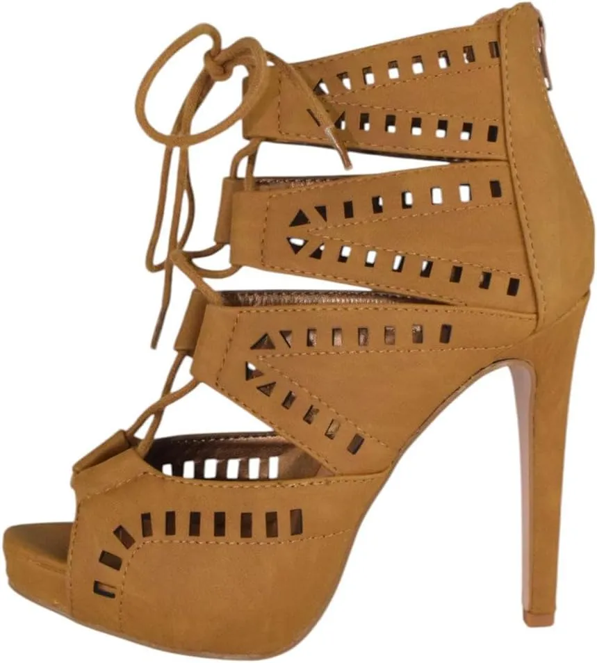 Women Shoes Stiletto High Heel Cutout Sandals Open Peep Toe Back Zipper Lace Up Capital-S Tan Brown