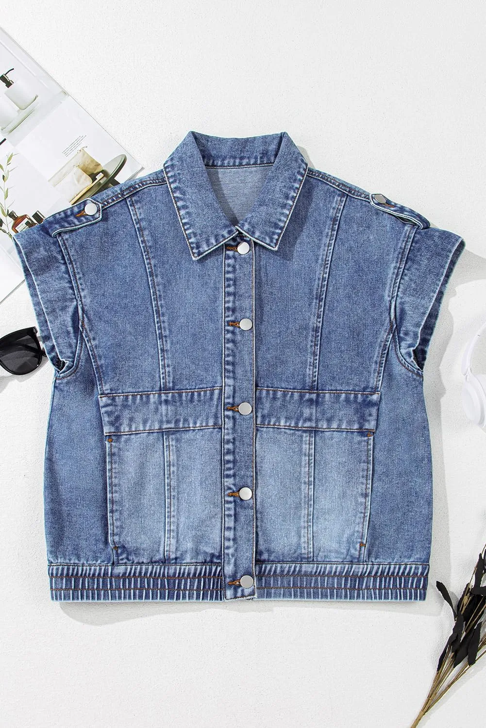 Women's Ashleigh Blue Acid Wash Button Up Denim Vest with Elastic Hem