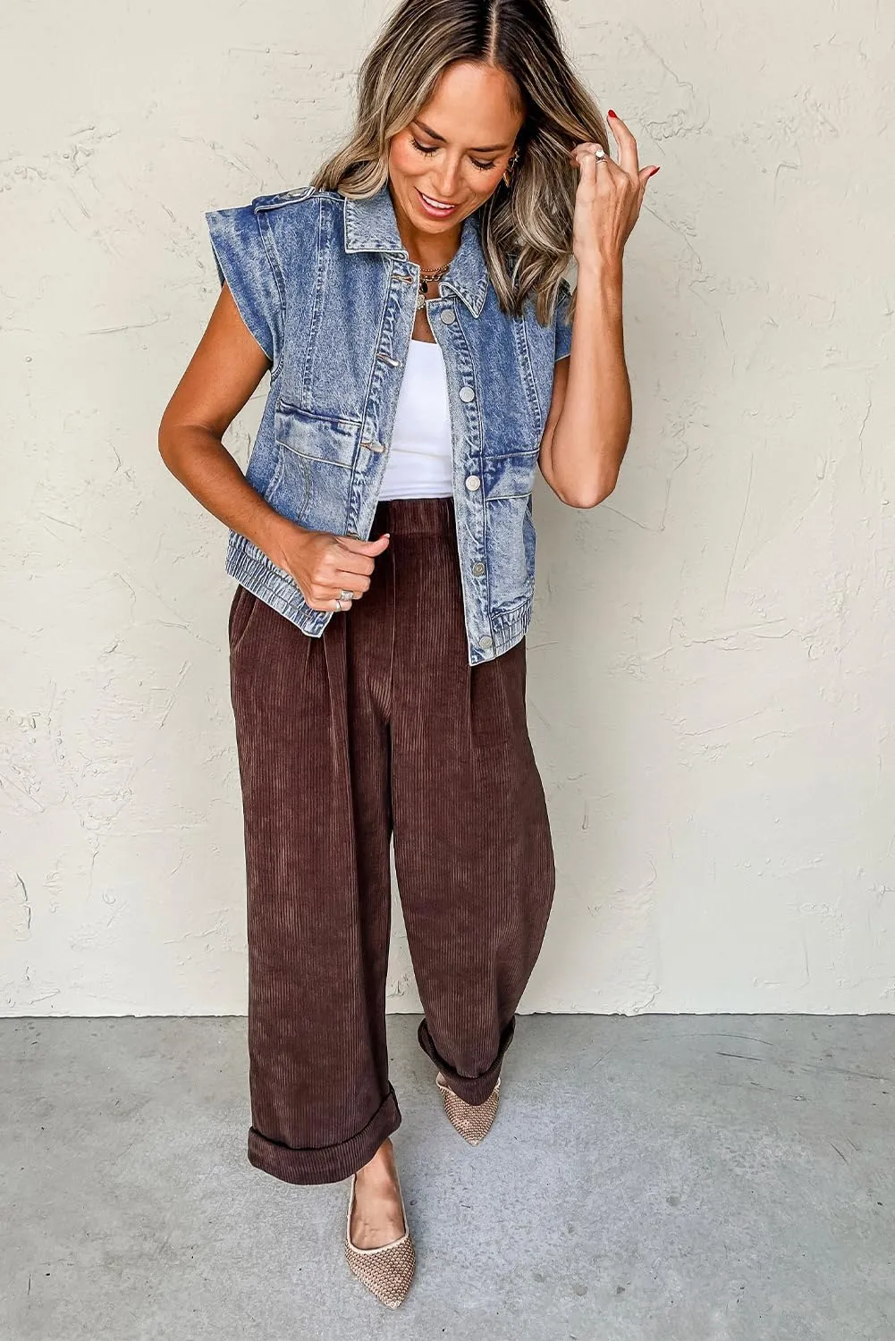 Women's Ashleigh Blue Acid Wash Button Up Denim Vest with Elastic Hem