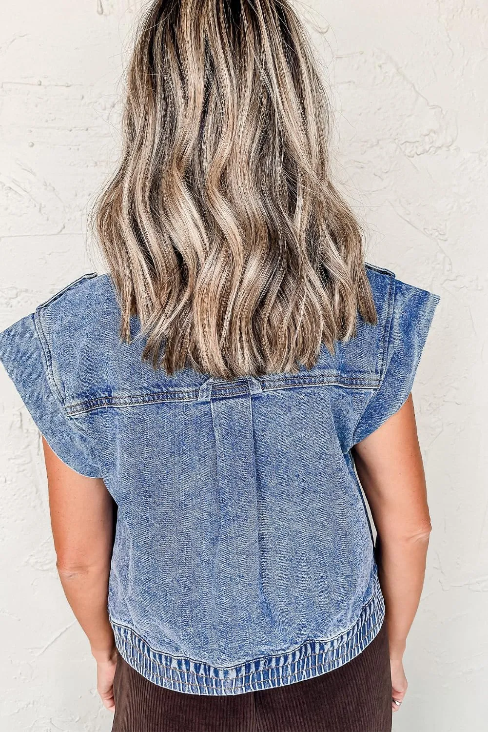Women's Ashleigh Blue Acid Wash Button Up Denim Vest with Elastic Hem