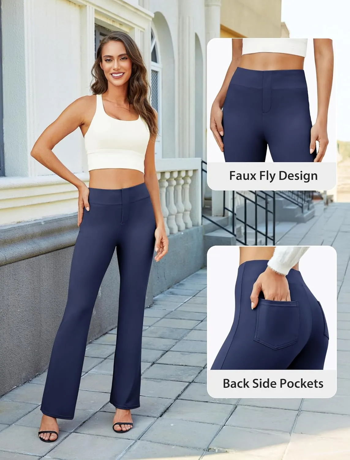 Womens Bootcut Dress Pants Business Casual Work Pants with Pockets High Waist Stretchy Trousers Pull On Office Slacks