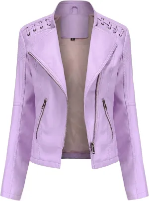 Women's Faux Leather Moto Jacket Slim Thin Leather Jacket