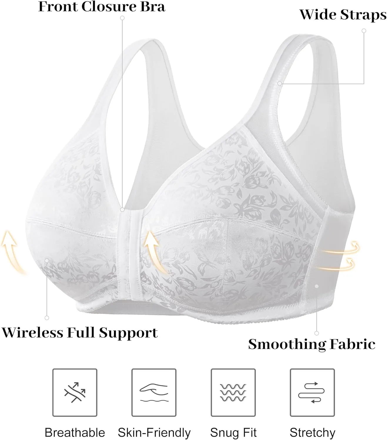 Women's Full Coverage Bra Front Closure Non Padded Minimizer Wire-Free Bras Comfortable Wide Strap