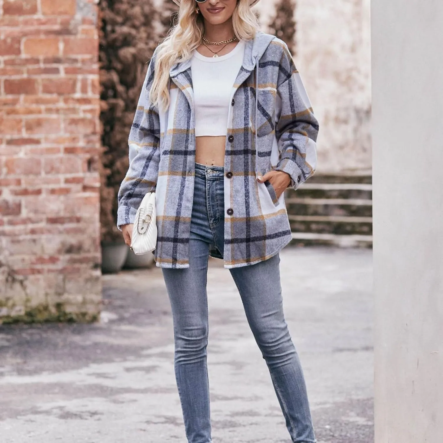 Women's Long Sleeve Plaid Hoodie Jacket Button Down Blouse Tops Drawstring Casual Fall Boyfriend Shirts with Pocket