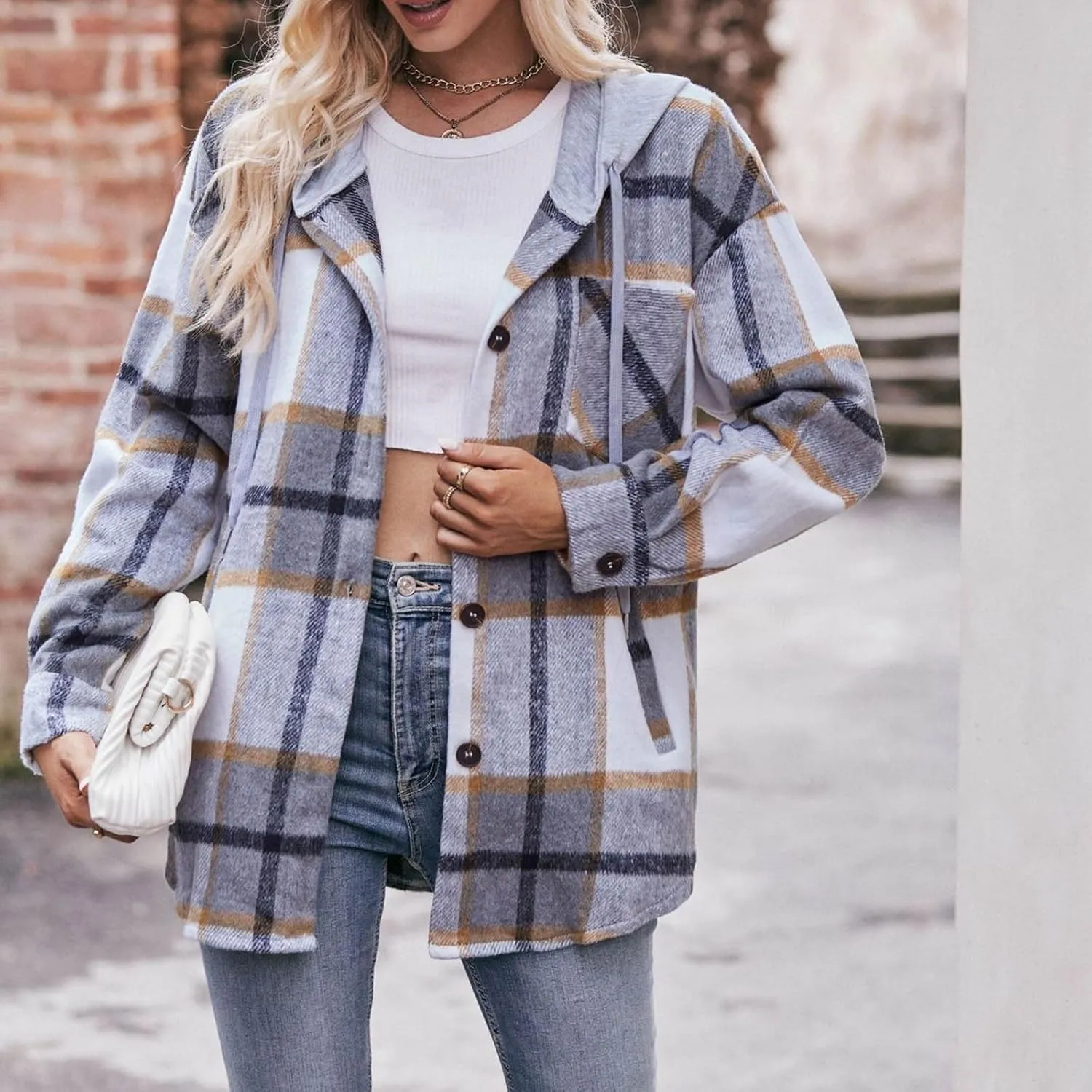 Women's Long Sleeve Plaid Hoodie Jacket Button Down Blouse Tops Drawstring Casual Fall Boyfriend Shirts with Pocket