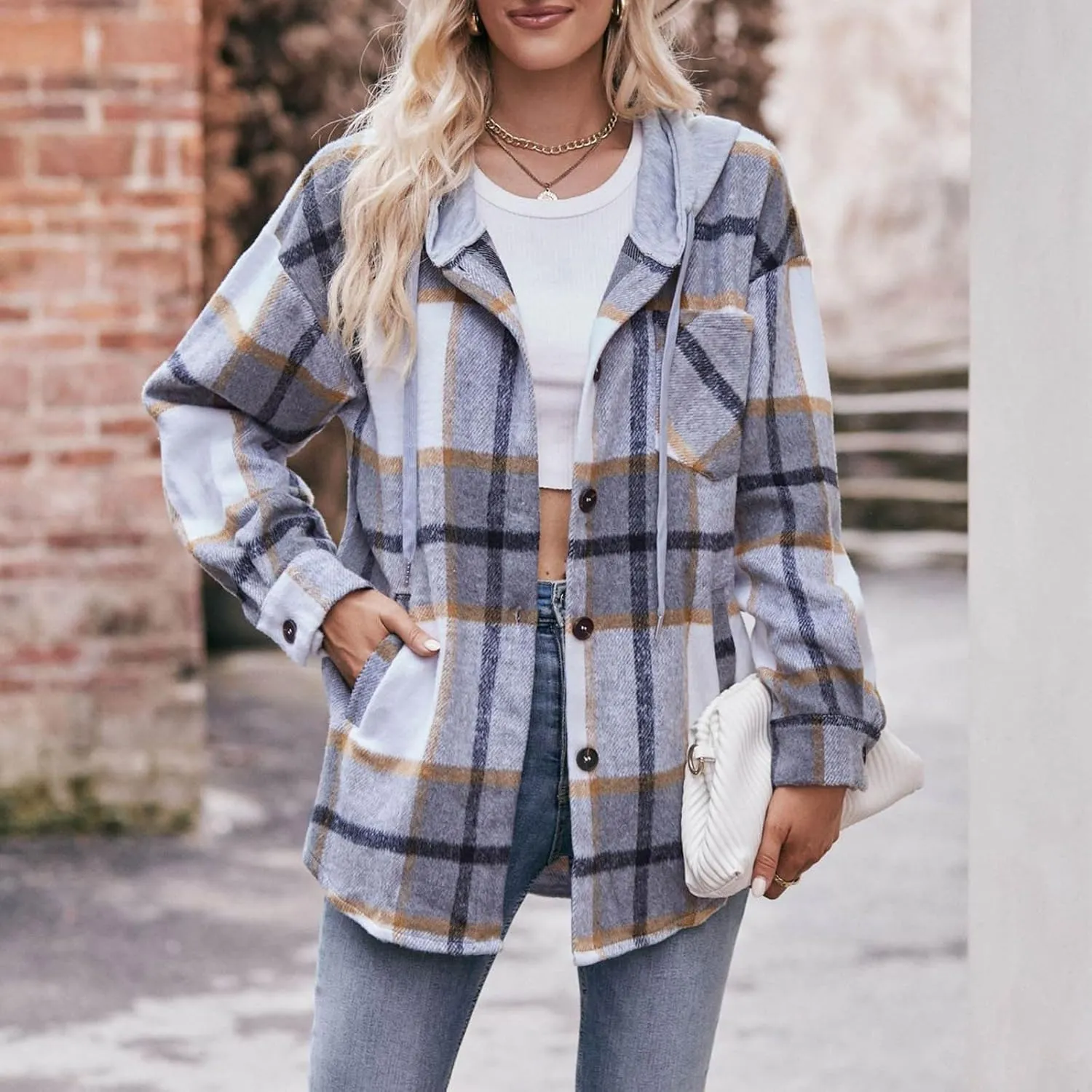 Women's Long Sleeve Plaid Hoodie Jacket Button Down Blouse Tops Drawstring Casual Fall Boyfriend Shirts with Pocket