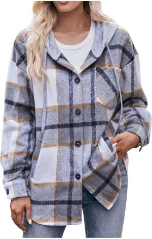 Women's Long Sleeve Plaid Hoodie Jacket Button Down Blouse Tops Drawstring Casual Fall Boyfriend Shirts with Pocket