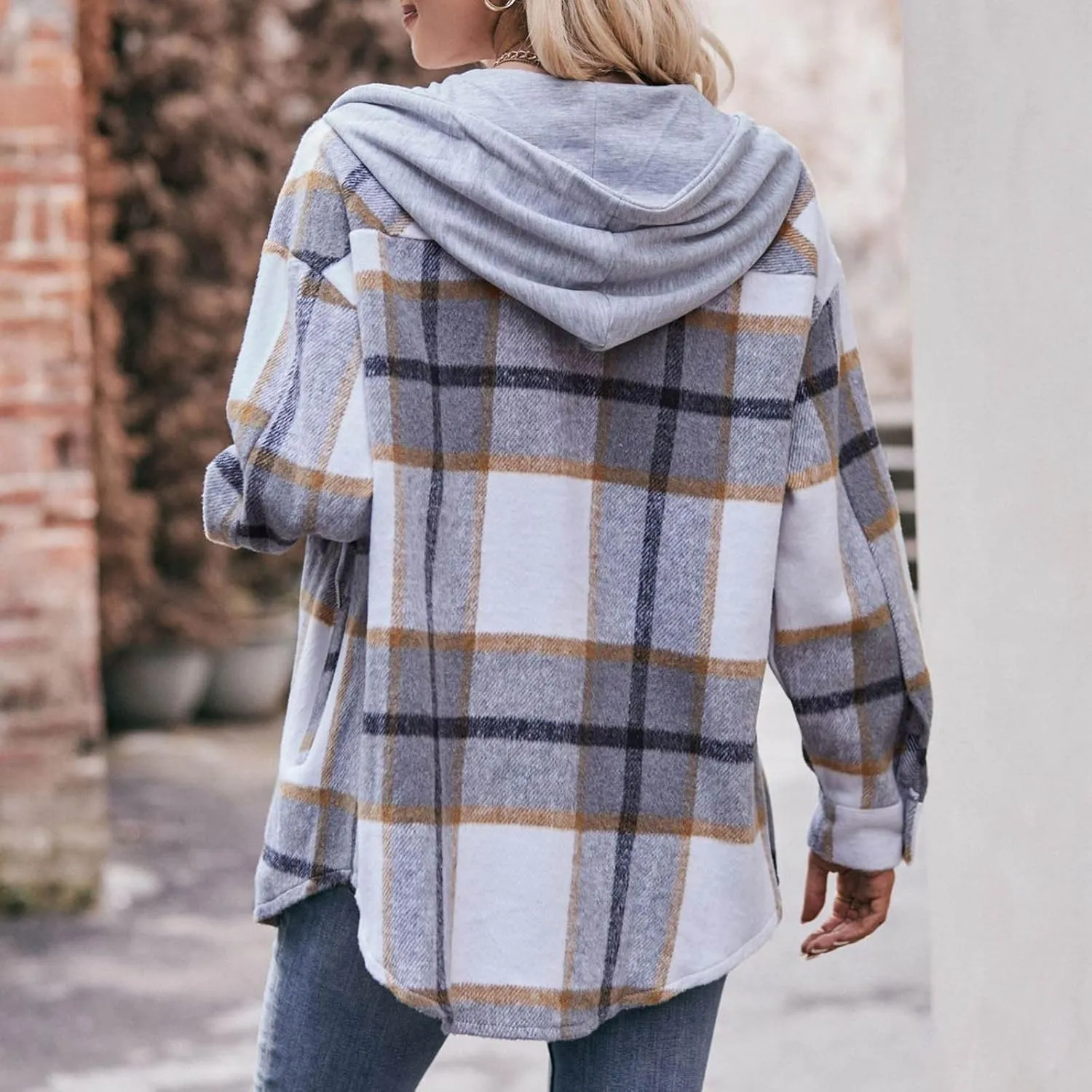 Women's Long Sleeve Plaid Hoodie Jacket Button Down Blouse Tops Drawstring Casual Fall Boyfriend Shirts with Pocket