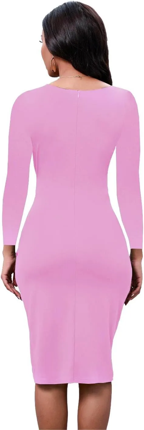 Women's Long Sleeve Wedding Guest Dress 2024 Sexy V Neck Wrap Ruched Bodycon Party Work Midi Dresses