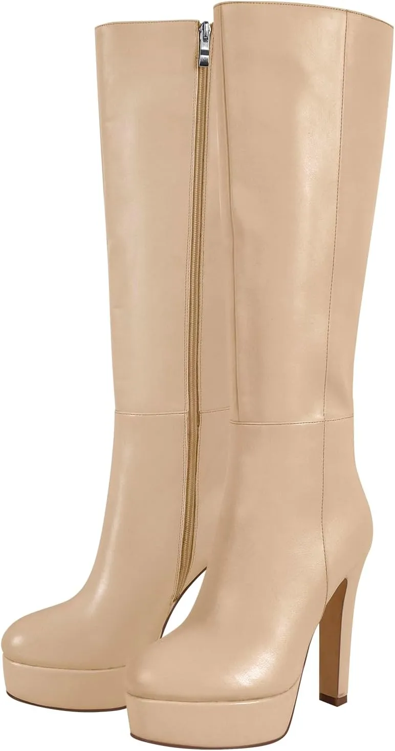 Women's Platform Knee High Boots Solid Color Side Zipper Block High Heels