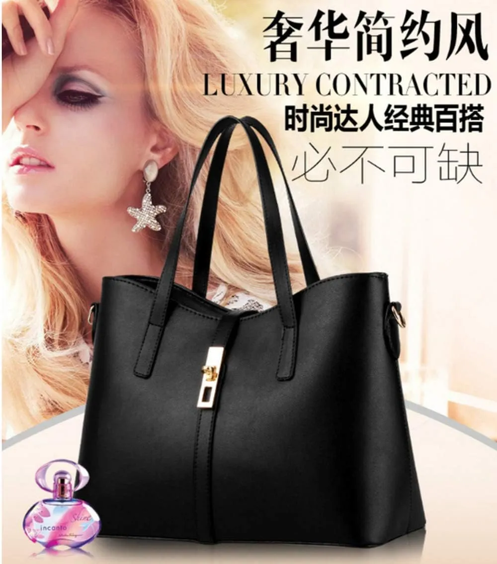 Women's PU Leather Solid Handbag Lock Bag Large Capacity Shoulder Bag Diagonal Tote