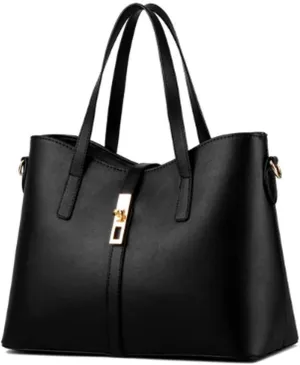 Women's PU Leather Solid Handbag Lock Bag Large Capacity Shoulder Bag Diagonal Tote