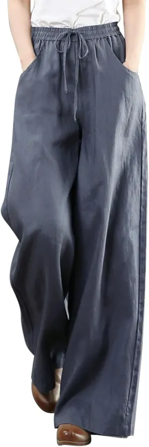 Womens Wide Leg Pants Dressy Comfy Loose Flowy Cotton Linen Pants Summer Casual Beach High Waisted Palazzo Trousers