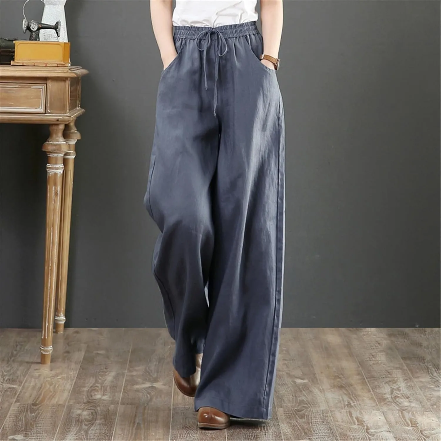 Womens Wide Leg Pants Dressy Comfy Loose Flowy Cotton Linen Pants Summer Casual Beach High Waisted Palazzo Trousers