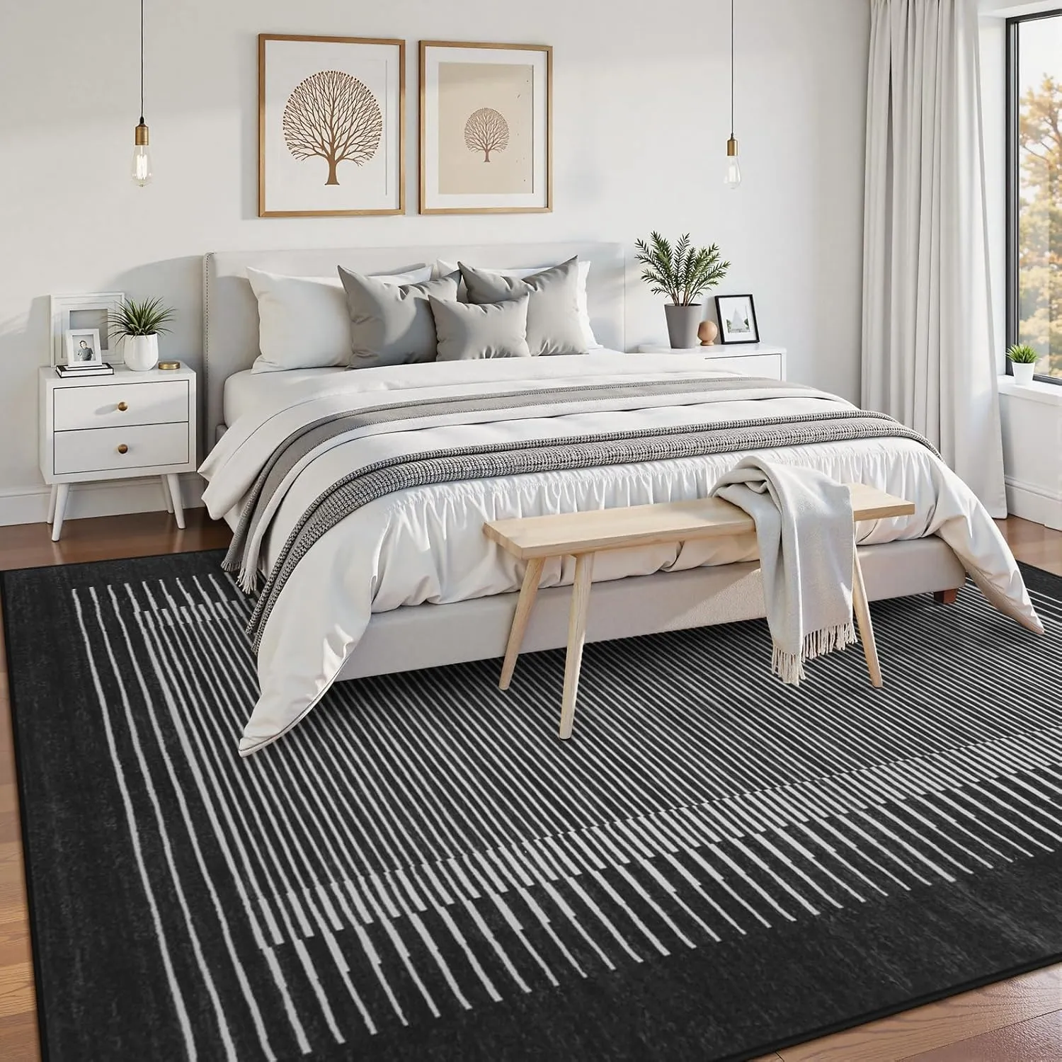 Wonnitar Washable Striped 5x7 Washable Area Rug, Non-Slip Black Berber Stripe Rugs for Living Room, Low Pile Minimalist Floor Carpet Rugs for Bedroom Dining Room Home Office (Black,5' x 7')