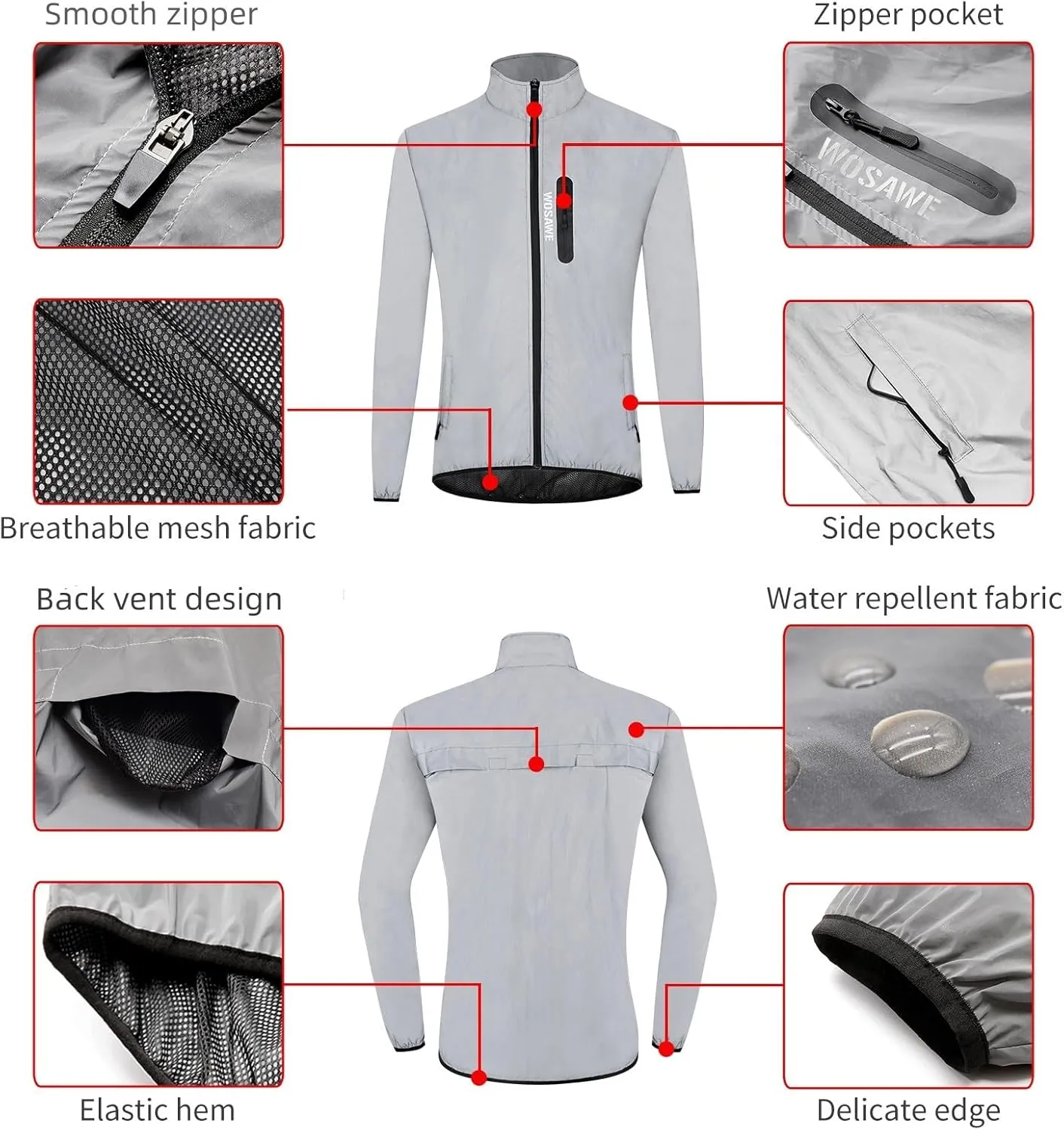 WOSAWE Men Reflective Jacket Night Glowing Bomber Jacket MTB Cycling Windbreaker Travel Sport Coat