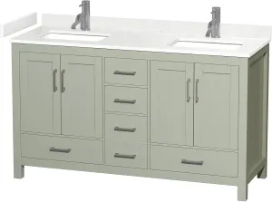 Wyndham Collection Sheffield 60 inch Double Bathroom Vanity in Light Green, Carrara Cultured Marble Countertop, Undermount Square Sinks, Brushed Nickel Trim