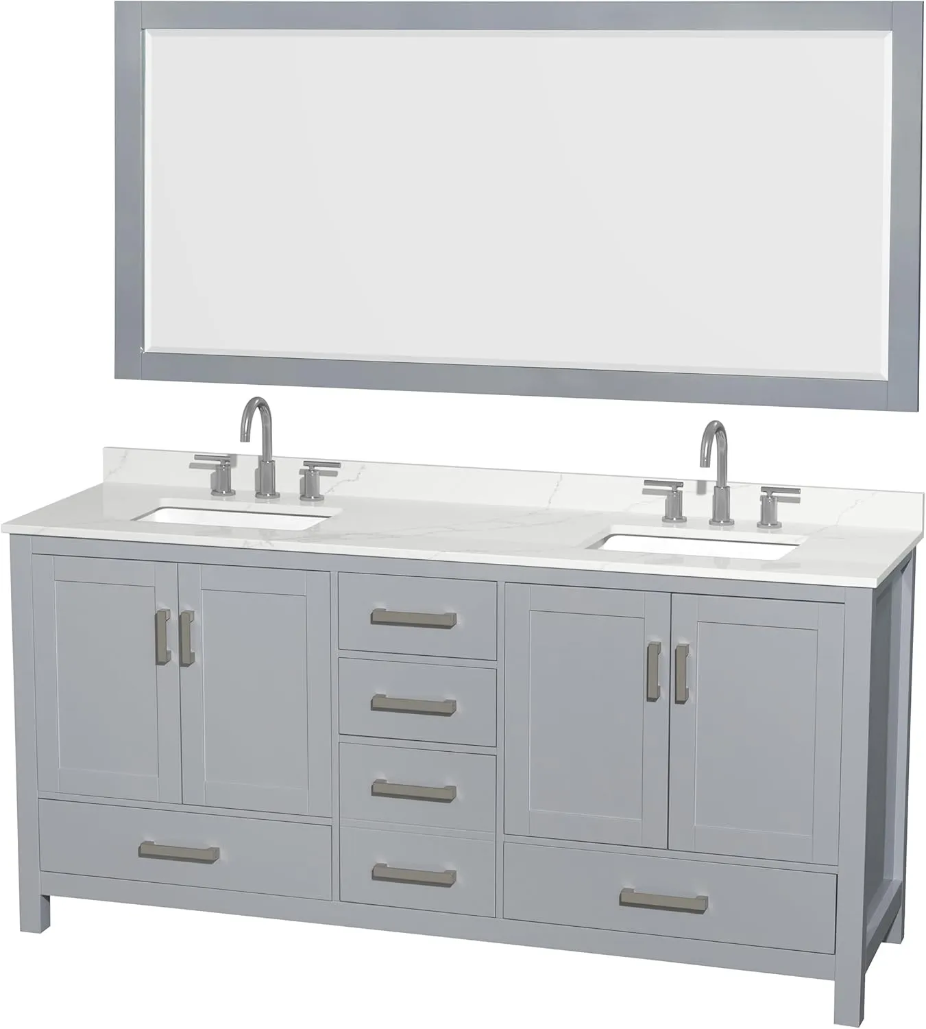 Wyndham Collection Sheffield 72 Inch Double Bathroom Vanity in Gray, Giotto Quartz Countertop, Undermount Square Sinks (3-Hole), Brushed Chrome Trim, 70 Inch Mirror