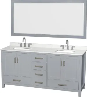 Wyndham Collection Sheffield 72 Inch Double Bathroom Vanity in Gray, Giotto Quartz Countertop, Undermount Square Sinks (3-Hole), Brushed Chrome Trim, 70 Inch Mirror