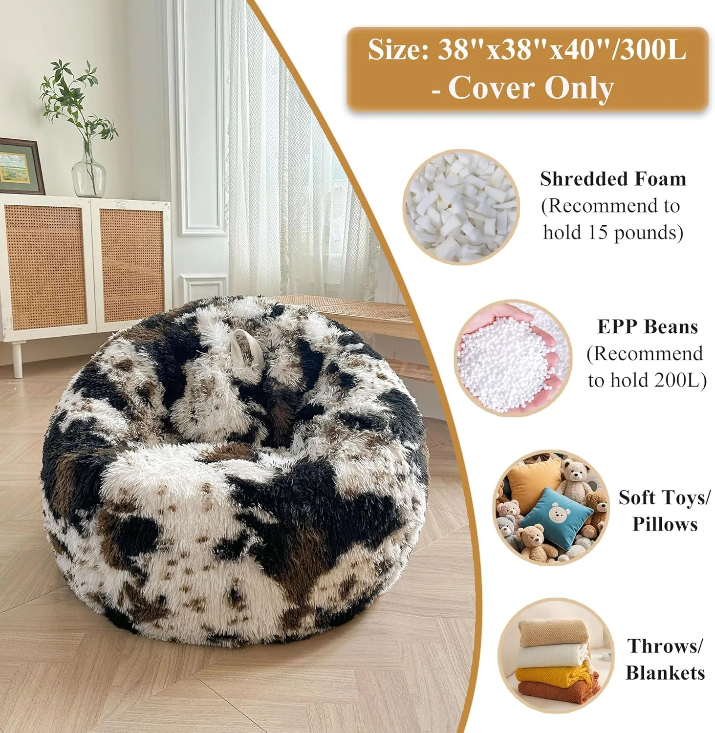 XeGe Cow Print Fluffy Bean Bag Chair Cover (No Filler), Faux Fur Brown Soft Replacement Stuffed Animal Storage Bean Bag Cover for Toys, Plush Shaggy Large Beanbag for Adults Kids, Anti-slip, Brown