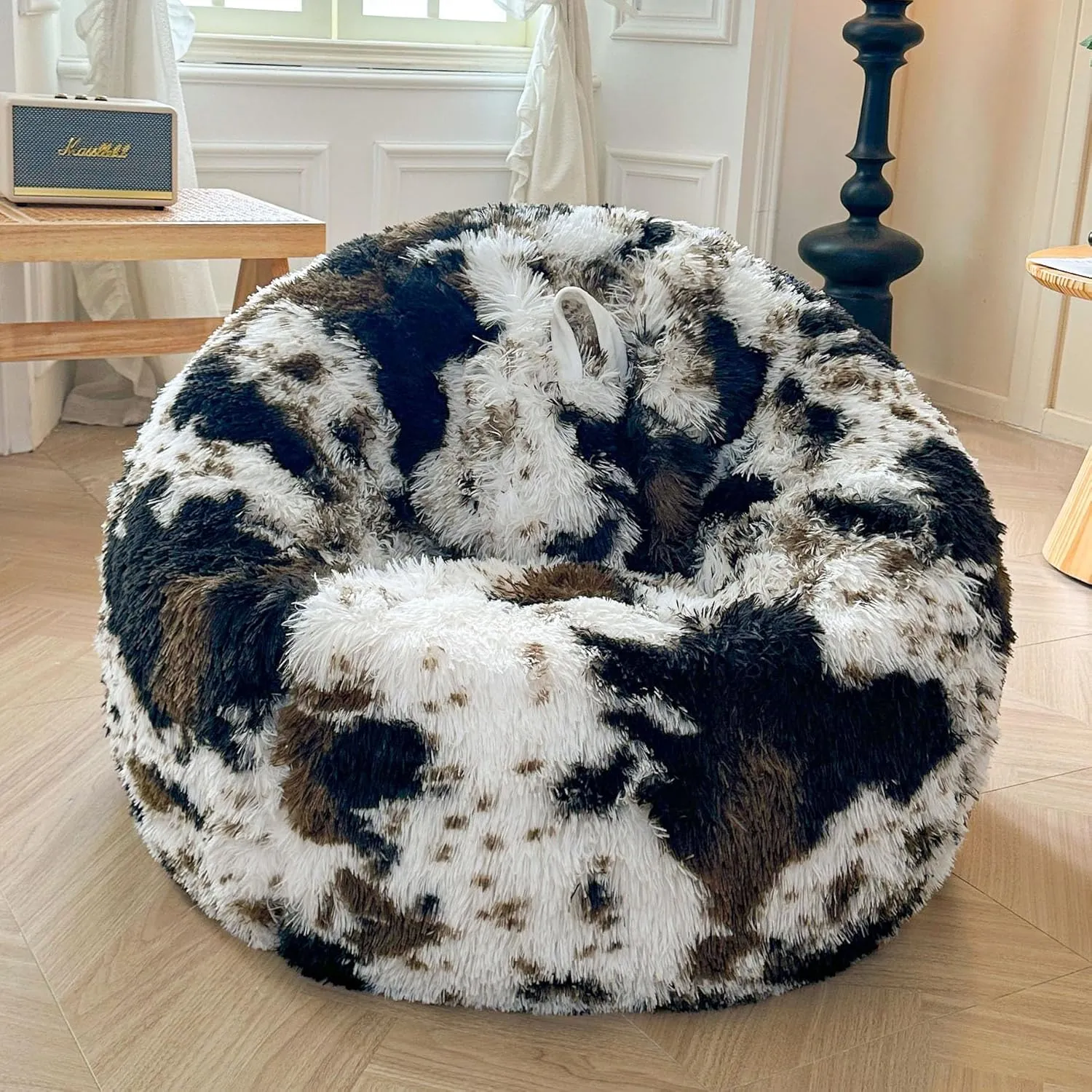 XeGe Cow Print Fluffy Bean Bag Chair Cover (No Filler), Faux Fur Brown Soft Replacement Stuffed Animal Storage Bean Bag Cover for Toys, Plush Shaggy Large Beanbag for Adults Kids, Anti-slip, Brown