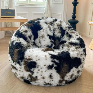 XeGe Cow Print Fluffy Bean Bag Chair Cover (No Filler), Faux Fur Brown Soft Replacement Stuffed Animal Storage Bean Bag Cover for Toys, Plush Shaggy Large Beanbag for Adults Kids, Anti-slip, Brown