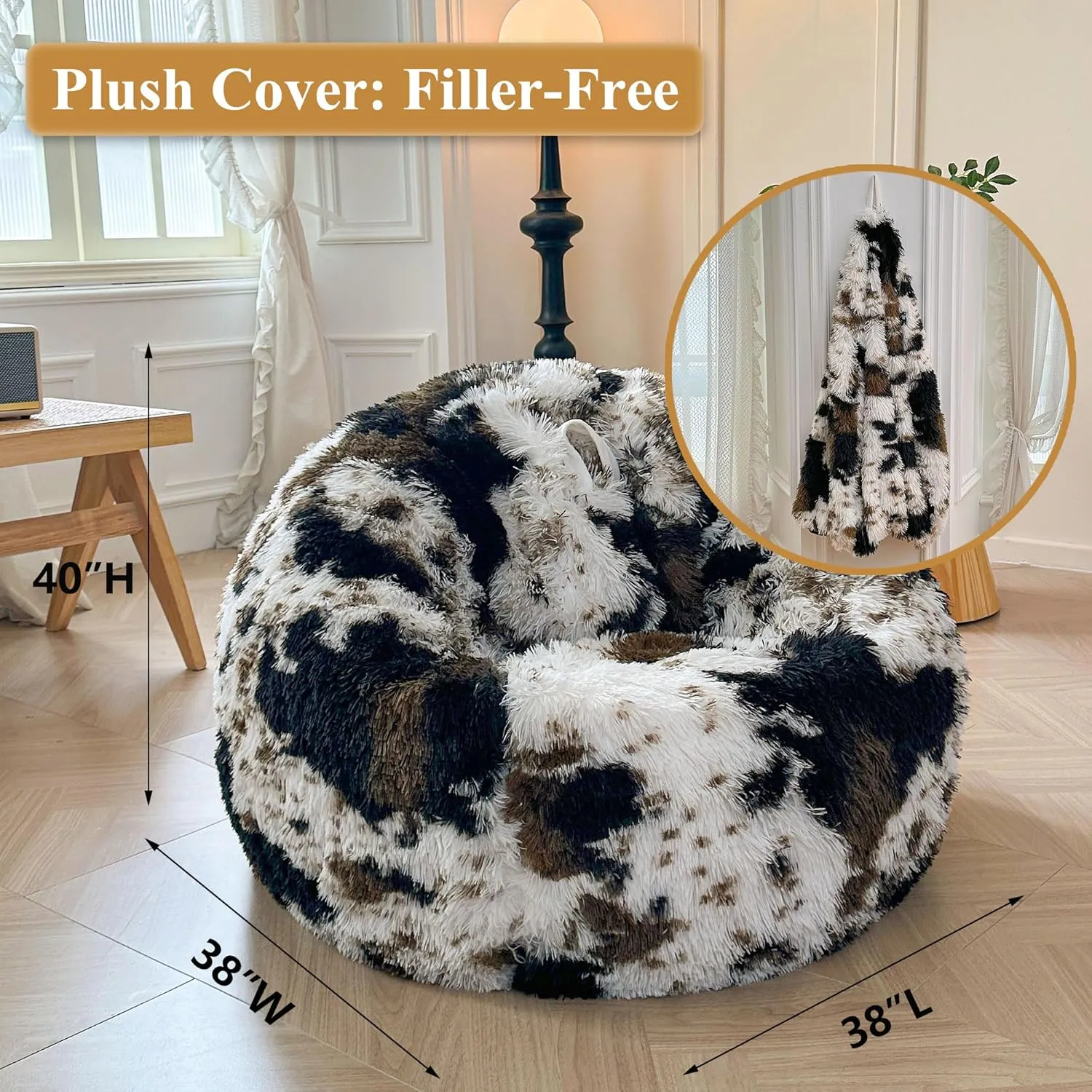 XeGe Cow Print Fluffy Bean Bag Chair Cover (No Filler), Faux Fur Brown Soft Replacement Stuffed Animal Storage Bean Bag Cover for Toys, Plush Shaggy Large Beanbag for Adults Kids, Anti-slip, Brown