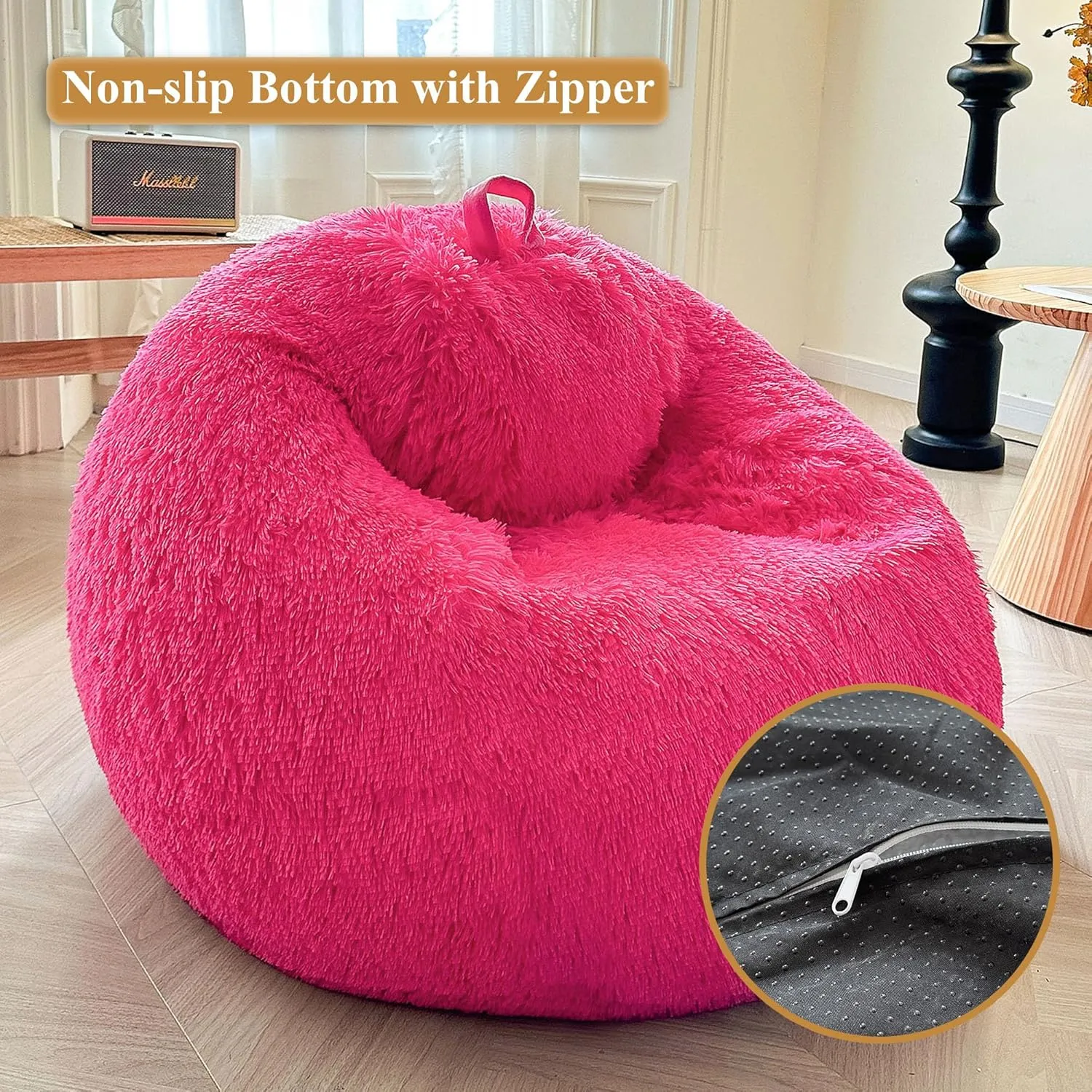 XeGe Fluffy Stuffed Animal Storage Bean Bag Chair Cover(No Filler), Faux Fur Washable Soft Bean Bag Cover for Plush Toys or Textile, Plush Shaggy Large Bean Bag for Adults Kids Teens, Hot Pink