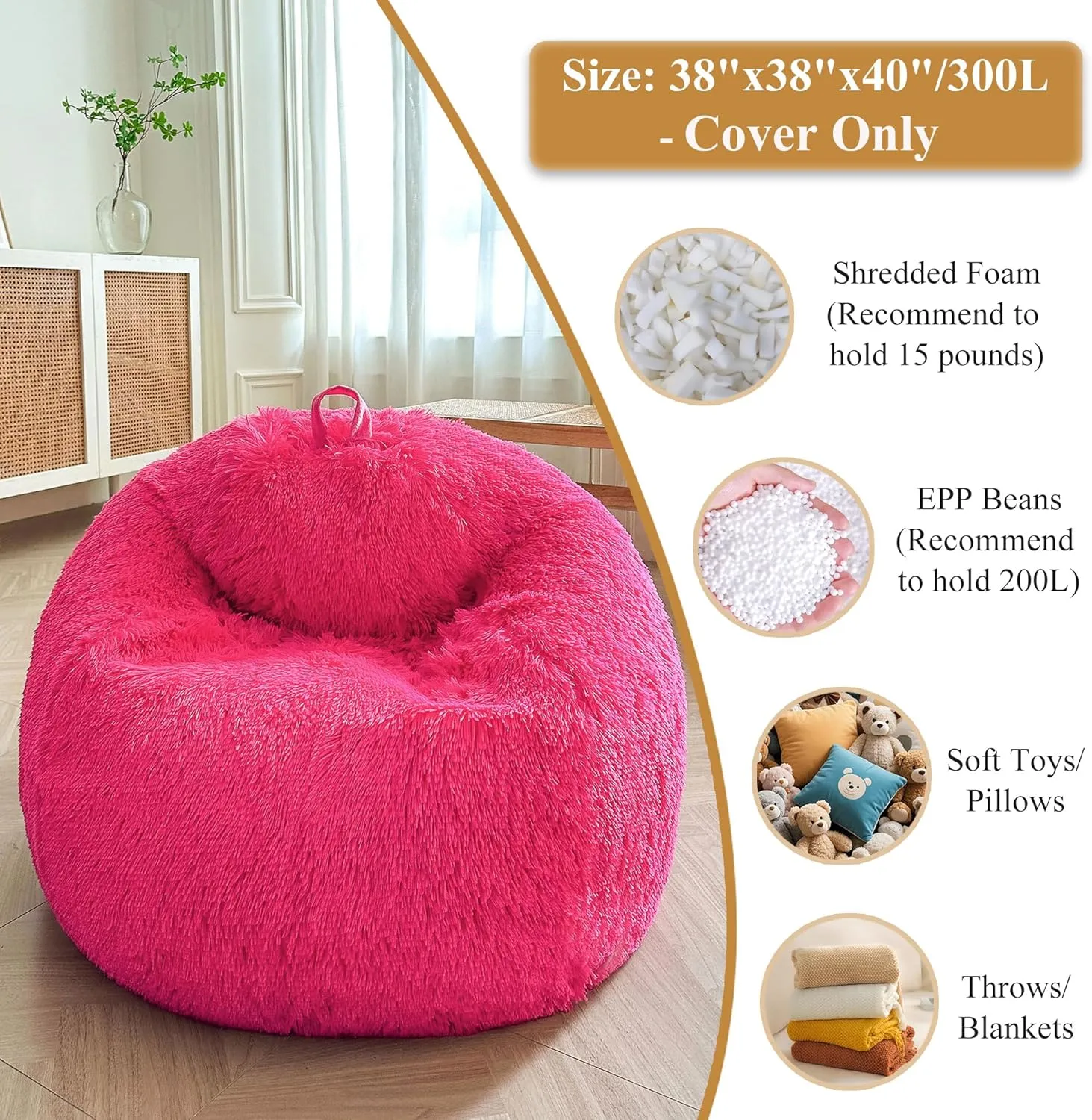 XeGe Fluffy Stuffed Animal Storage Bean Bag Chair Cover(No Filler), Faux Fur Washable Soft Bean Bag Cover for Plush Toys or Textile, Plush Shaggy Large Bean Bag for Adults Kids Teens, Hot Pink