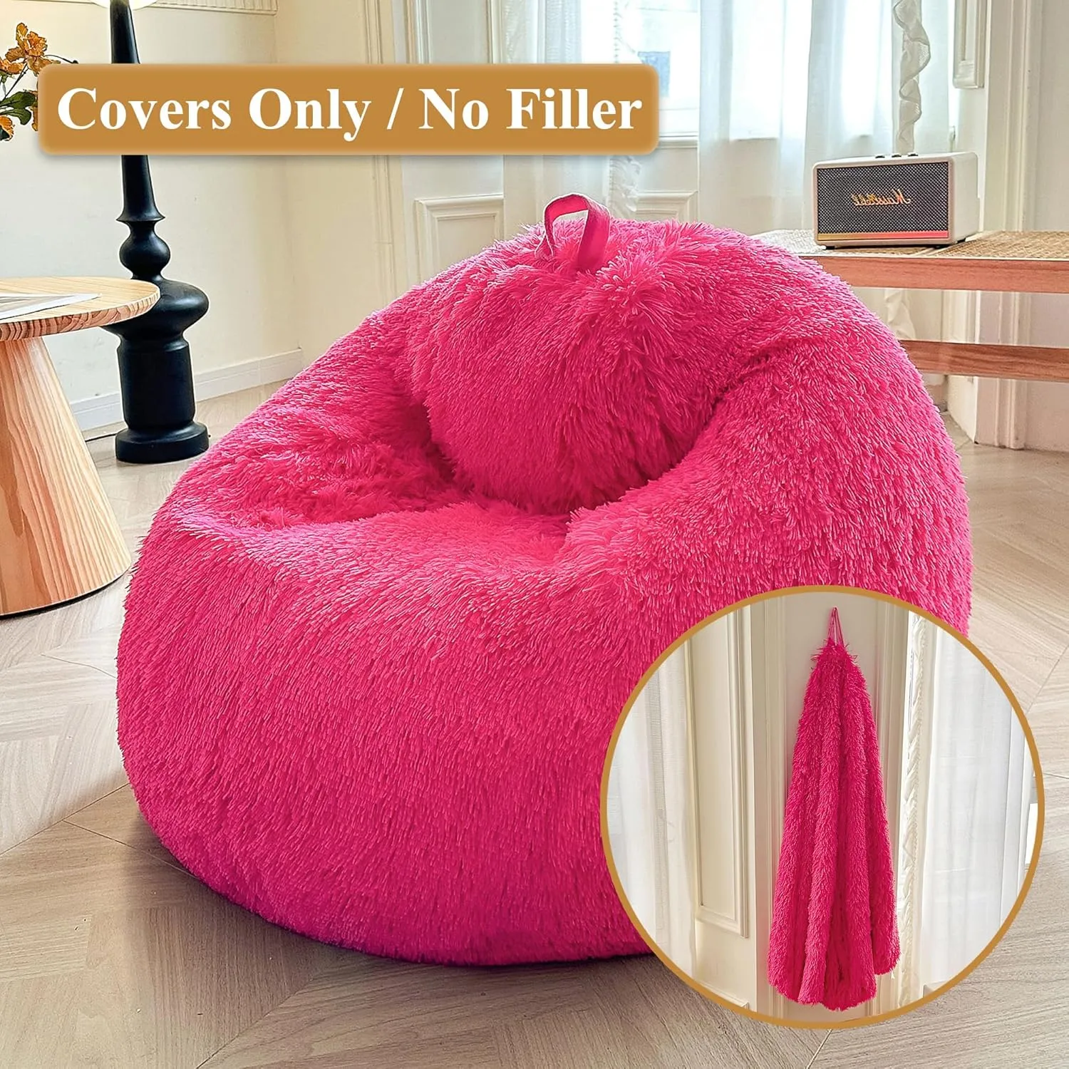 XeGe Fluffy Stuffed Animal Storage Bean Bag Chair Cover(No Filler), Faux Fur Washable Soft Bean Bag Cover for Plush Toys or Textile, Plush Shaggy Large Bean Bag for Adults Kids Teens, Hot Pink