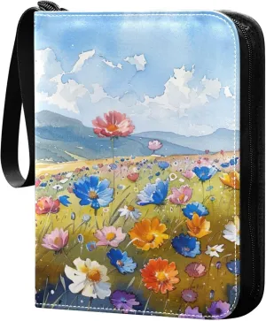 xigua Colorful Herbal Wildflower Card Binder 4-Pockets, Trading Card Binder 400 Pockets Baseball Card Binder Waterproof PU Leather Card Collection Binder for Games Card Album Card
