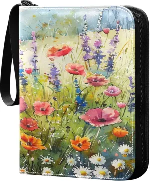 xigua Colorful Herbal Wildflower Card Binder 4-Pockets, Trading Card Binder 400 Pockets Baseball Card Binder Waterproof PU Leather Card Collection Binder for Games Card Album Card