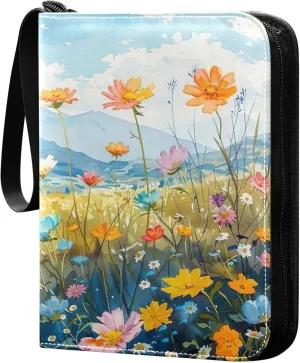 xigua Colorful Herbal Wildflower Card Binder 4-Pockets, Trading Card Binder 400 Pockets Baseball Card Binder Waterproof PU Leather Card Collection Binder for Games Card Album Card