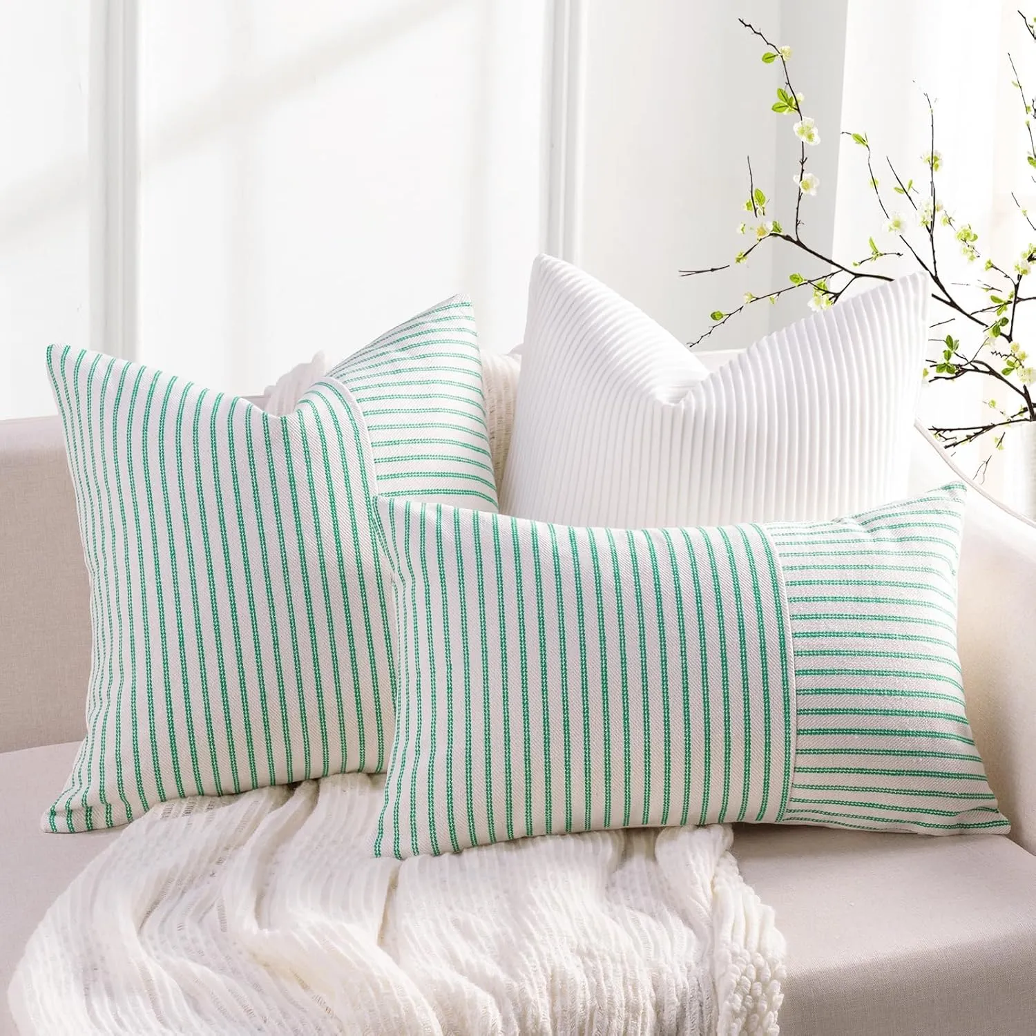 YCOLL Farmhouse Pillow Covers 20x20, Modern Accent Spring Throw Pillow Covers Set of 2, Green Striped Patchwork Linen Decorative Pillows Cushion Covers for Couch Bedroom Summer Home Decor
