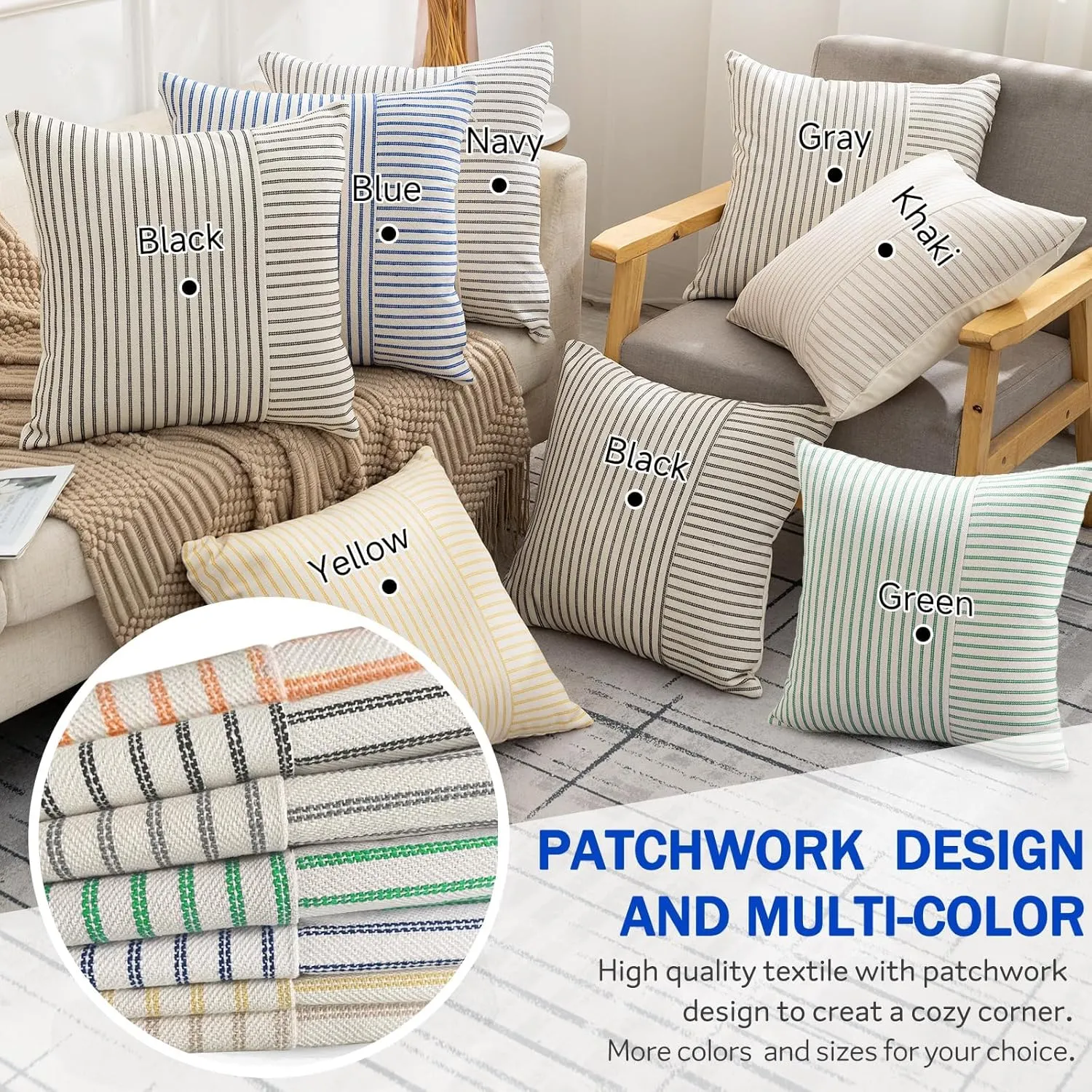 YCOLL Farmhouse Pillow Covers 20x20, Modern Accent Spring Throw Pillow Covers Set of 2, Green Striped Patchwork Linen Decorative Pillows Cushion Covers for Couch Bedroom Summer Home Decor