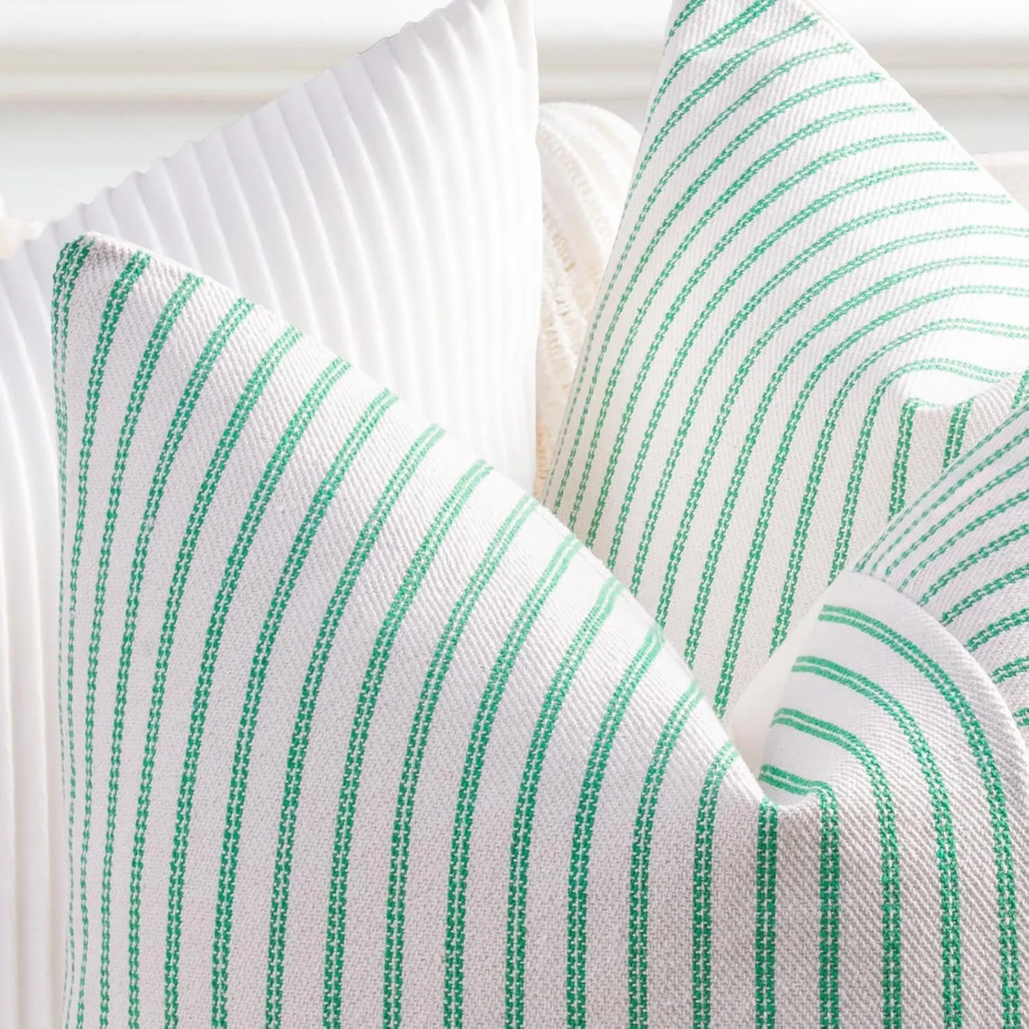 YCOLL Farmhouse Pillow Covers 20x20, Modern Accent Spring Throw Pillow Covers Set of 2, Green Striped Patchwork Linen Decorative Pillows Cushion Covers for Couch Bedroom Summer Home Decor