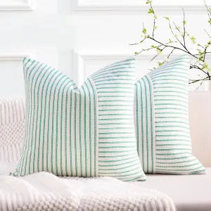 YCOLL Farmhouse Pillow Covers 20x20, Modern Accent Spring Throw Pillow Covers Set of 2, Green Striped Patchwork Linen Decorative Pillows Cushion Covers for Couch Bedroom Summer Home Decor