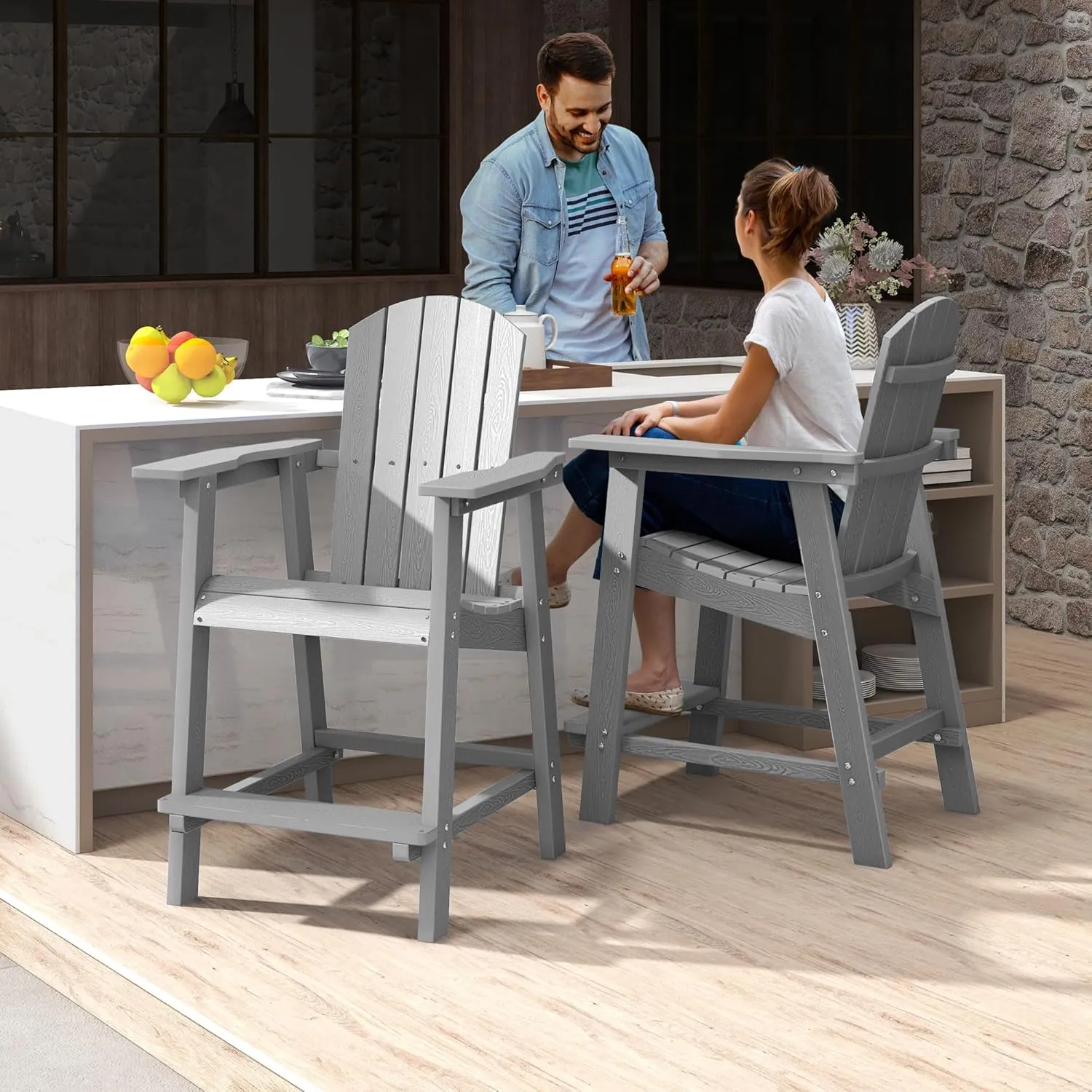 YITAHOME Tall Adirondack Chair Set of 2, Poly Bar Height Balcony Seating, HIPS High Back Outdoor Chairs, Bar Stools Lifeguard Chair for Balcony Deck Pool Patio, Grey