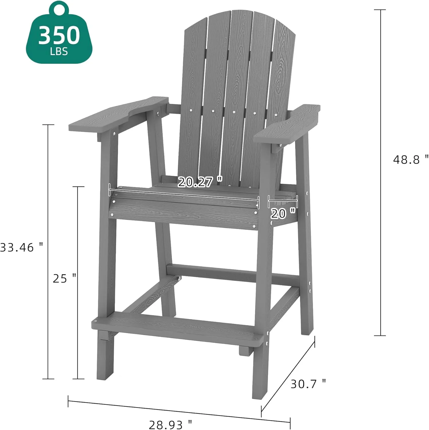 YITAHOME Tall Adirondack Chair Set of 2, Poly Bar Height Balcony Seating, HIPS High Back Outdoor Chairs, Bar Stools Lifeguard Chair for Balcony Deck Pool Patio, Grey