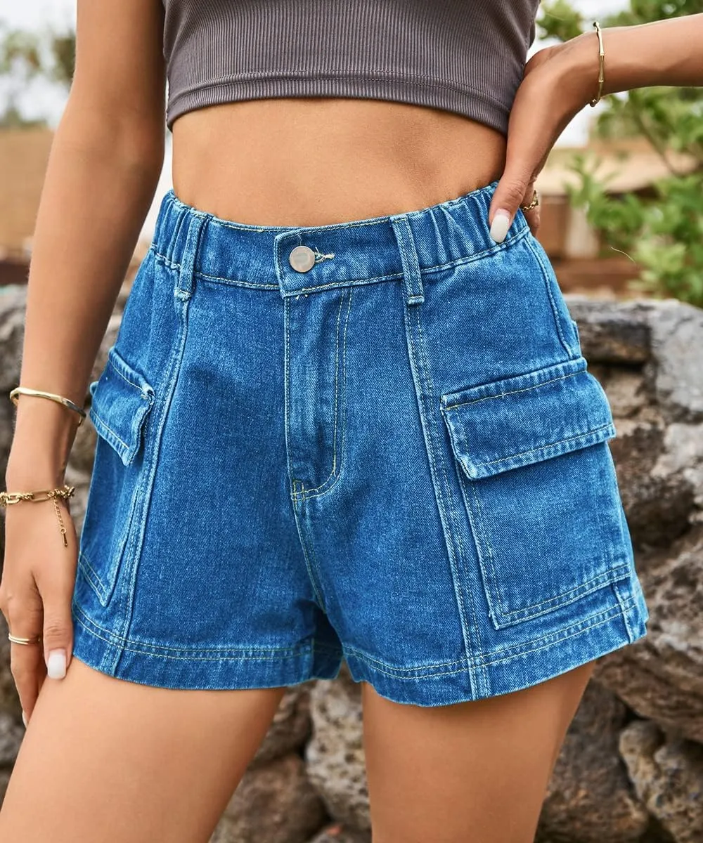 YOCUR Womens Cargo Denim Shorts - Summer Casual Vintage Loose Button Zipper Shorts
