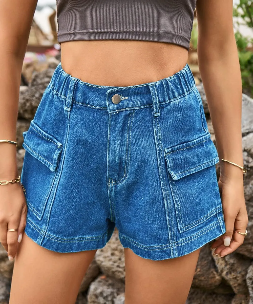 YOCUR Womens Cargo Denim Shorts - Summer Casual Vintage Loose Button Zipper Shorts