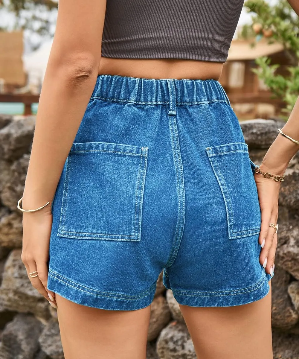 YOCUR Womens Cargo Denim Shorts - Summer Casual Vintage Loose Button Zipper Shorts