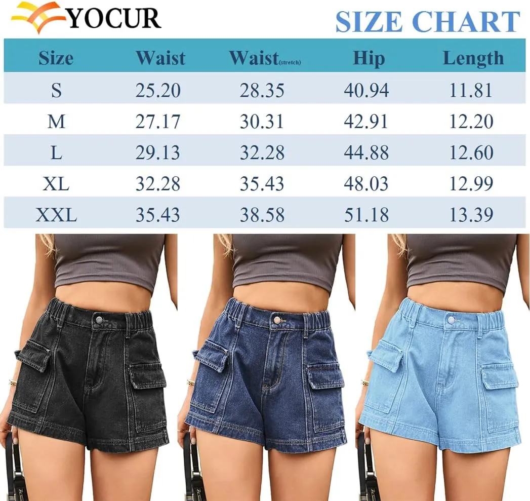 YOCUR Womens Cargo Denim Shorts - Summer Casual Vintage Loose Button Zipper Shorts